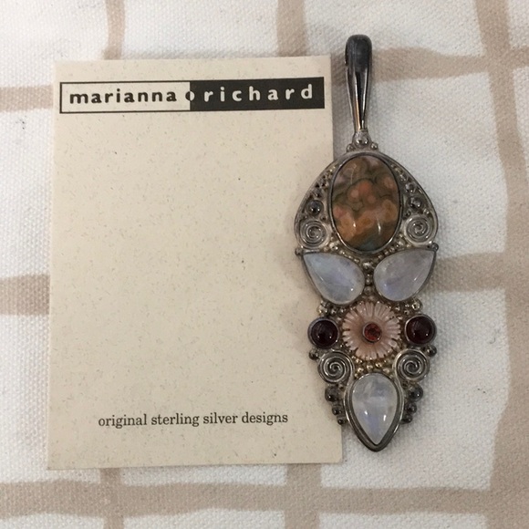 Large Sterling Pendant with Rainbow Moonstone, Jasper, Garnet, & Mother of Pearl - Picture 7 of 7